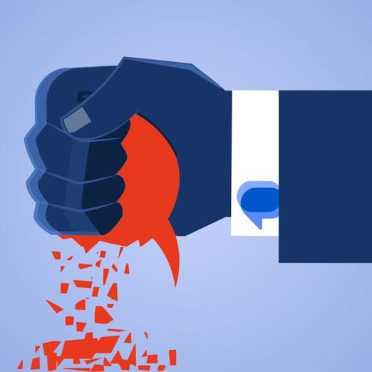 Illustration of a hand crushing a red spam text bubble. On the sleeve of the arm is a google messages logo as a cufflink